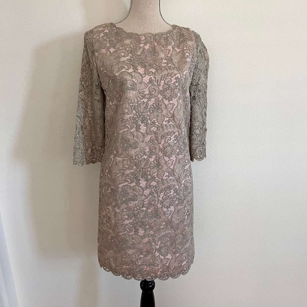 crochet‎ lace sheath chic dress Ivory 3/4 sleeve MINT Condition - party